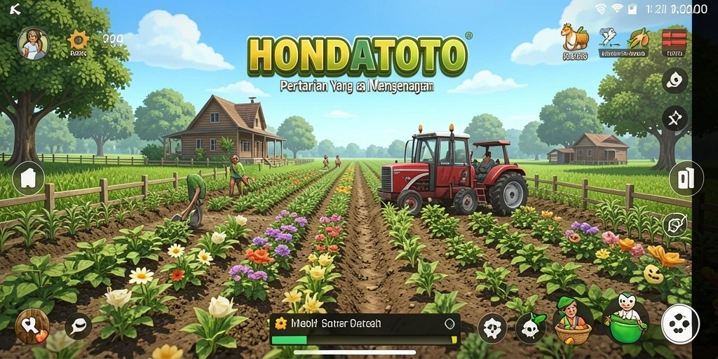 Tangkapan layar gameplay HONDATOTO menampilkan pertanian yang asri dan berwarna-warni.