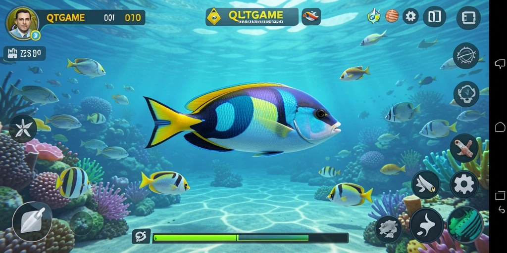 Tampilan gameplay QTGAME yang penuh aksi menangkap ikan.